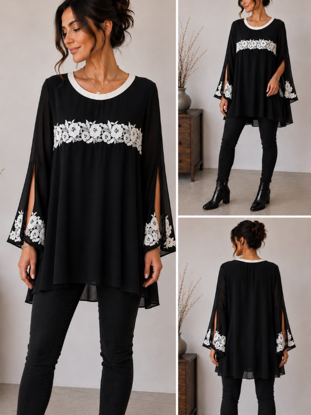 Vintage Sheer Black Floral Lace Tunic Top Size L Romantic Gothic Whimsigoth Boho